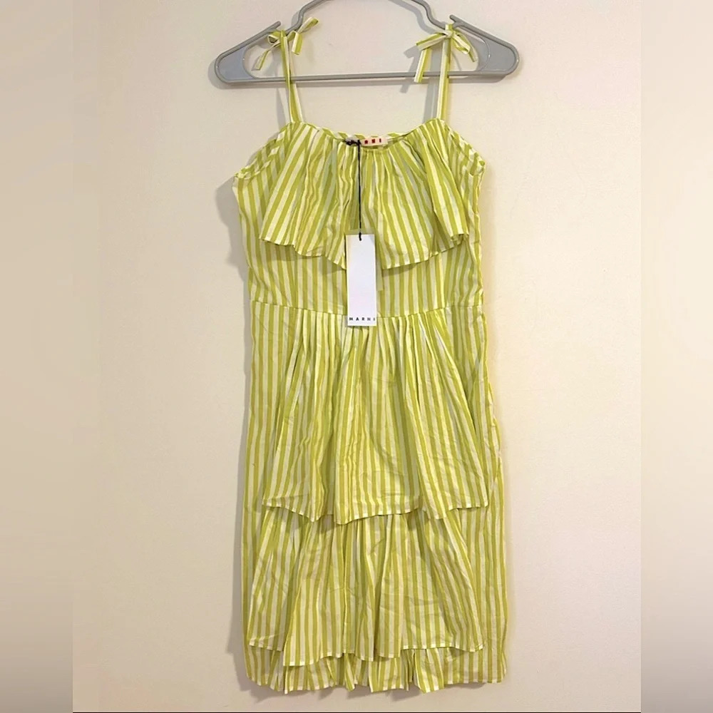 MARNI kids Key lime yellow white stripe tiered summer dress NWT spring